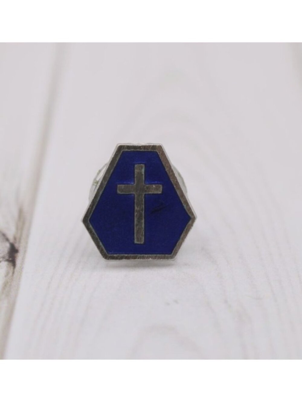 Hexagonal Lapel Pin Cross Design Blue Enamel Silver-Tone Metal Religious Simple